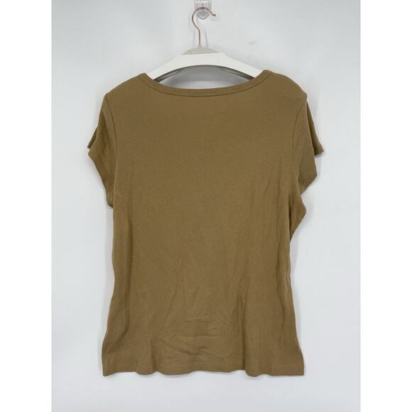 Y2K Faded Glory Women's Henley Perfect Fit Tee Short Sleeve Ribbed Khaki Size XL - Picture 2 of 6